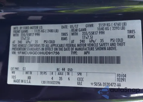 2017 Ford Escape Se z USA, uszkodzony, nr VIN 1FMCU9GD3HUD91756